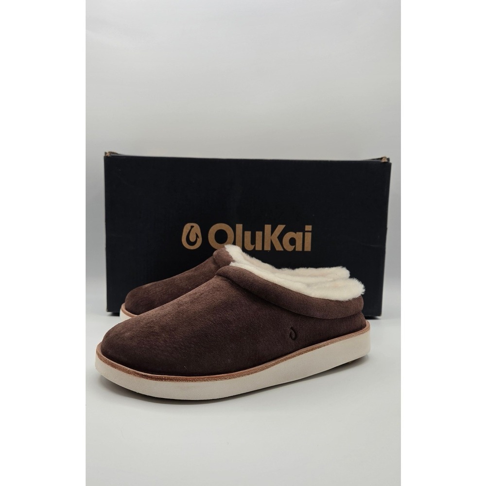 OluKai Mani Women Slippers Size 5 Dark Oak Nubuck Leather Shearling Mules